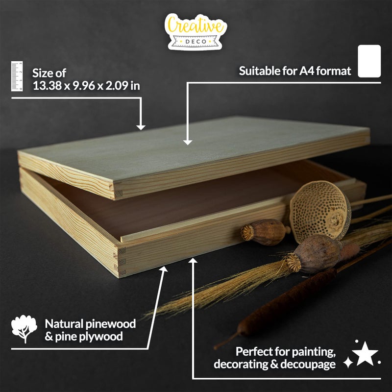 Creative Deco A4 Wooden Storage Box Unpainted Plain Flat | 13.38 x 9.96 x 2.08 in | Golden Latch & Lid | Perfect for Storing Files, Tools, Documents & Valuables in The Office or Bedroom - Image 4